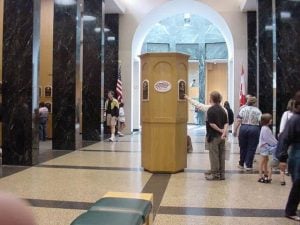 Visitors viewing Hall of Fame plaques at the National Baseball Hall of Fame in Cooperstown, NY.