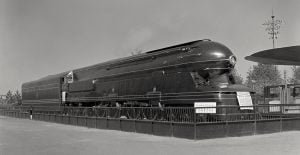 A Pennsylvania Railroad PRR S1 6-4-4-6 steam locomotive on display at the 1939/40 fair. 