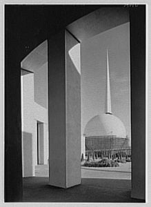 View of the 1939 theme buildings, The Trylon and Perisphere by Samuel Gottscho, 1939.