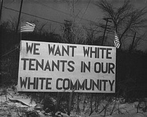 Sign protesting integrated neighborhoods in Detroit, Michigan , 1942. Via The Library of Congress