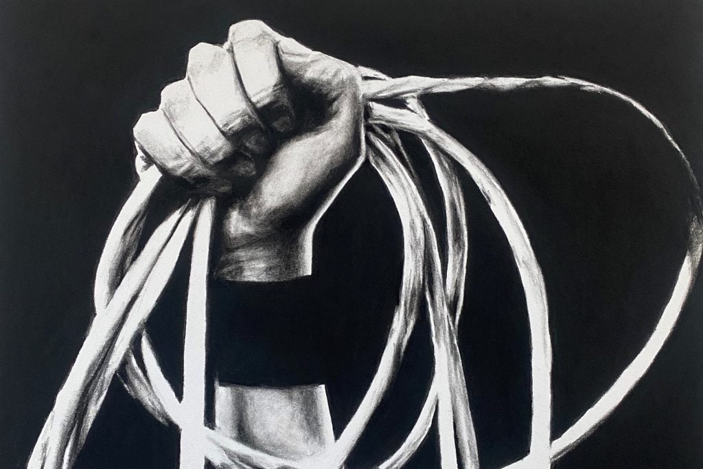 Black and white illustration of a fist holding a coiled rope and wearing a dark armband