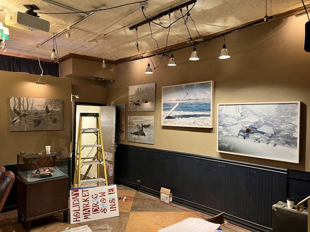Drawings of extinct NYC birds, and photos of US Airways Flight 1549, from BIRD SHOW exhibition at the City Reliquary