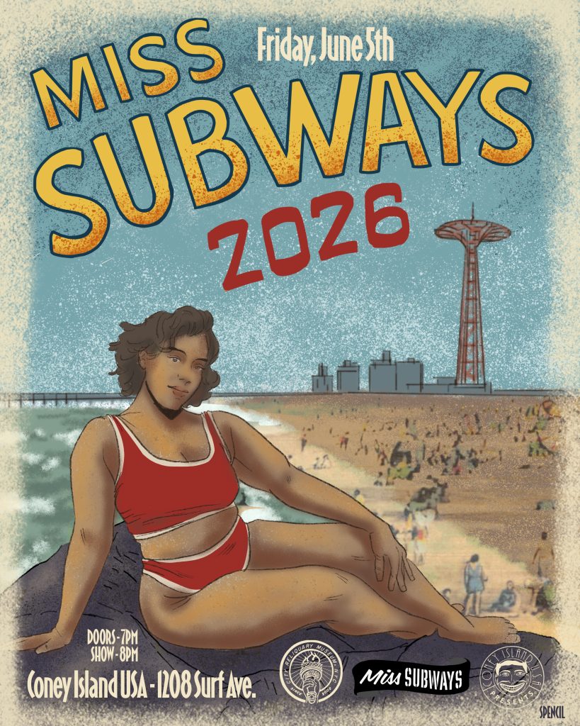 Illustration of a curvy woman in a red bathing suit with the Coney Island beach and parachute jump in the background.