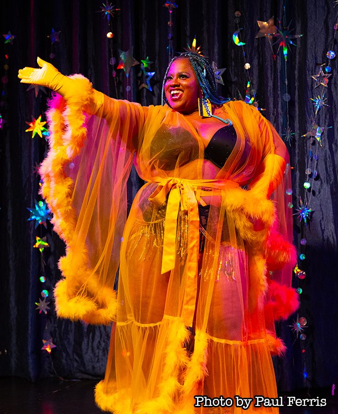 Abby Fantastic in a sheer yellow gown
